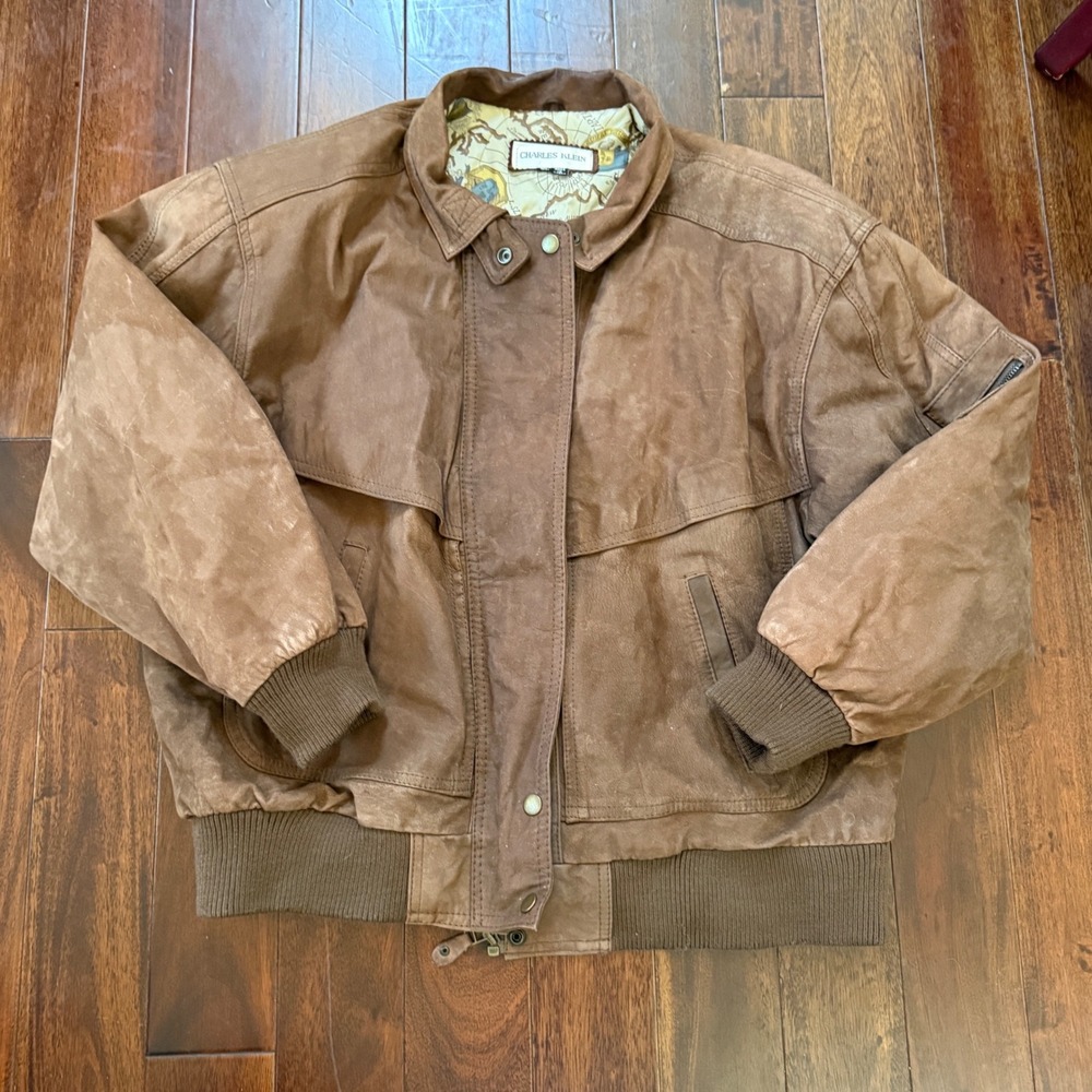 Charles Klein XL Genuine Leather Bomber Jacket Brown Flight Coat Vintage Y2K